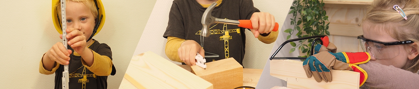 Barnverktyg i aktion: mätning, hammring och sågning av barn